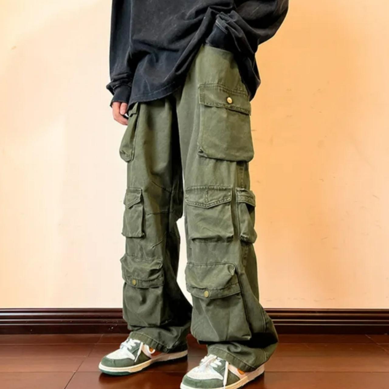 💕 Y2k Men's Cargo Pants Multi Pocket Male Hiphop... - Depop