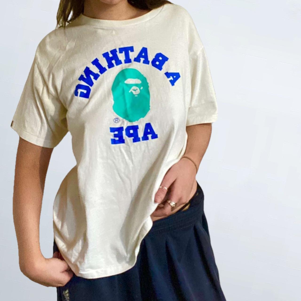 BAPE Men's White and Blue Tshirt Depop