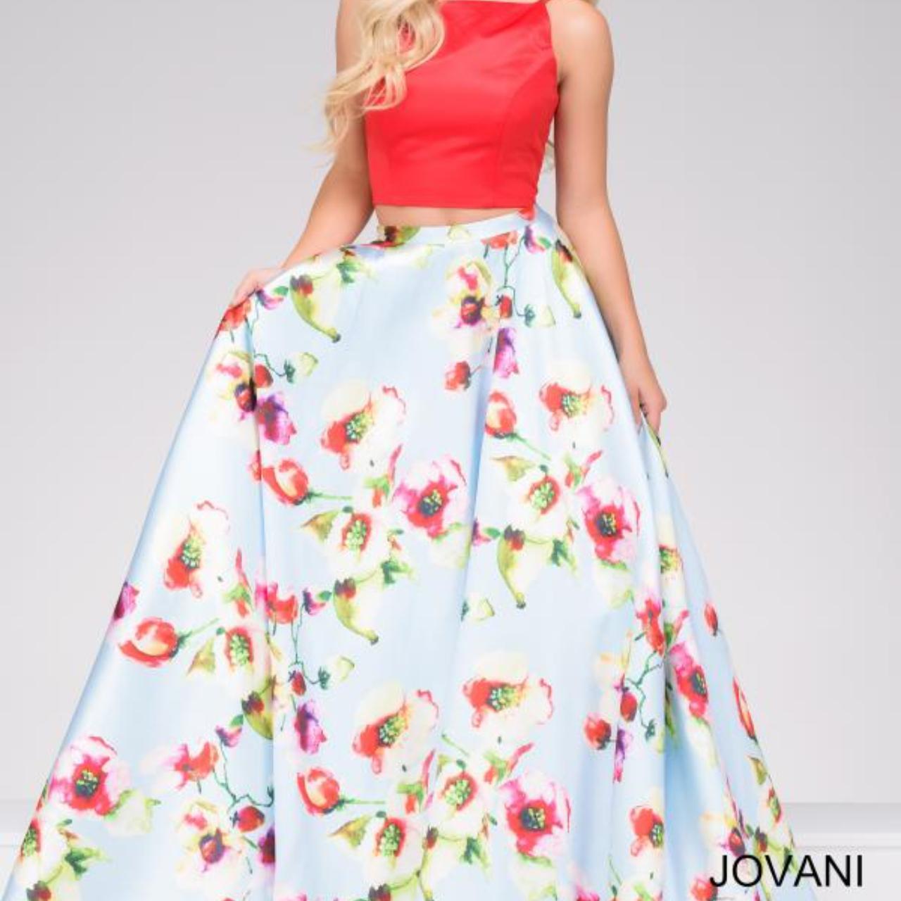 Jovani Red and Blue Two-piece Floral Print Prom silk... - Depop