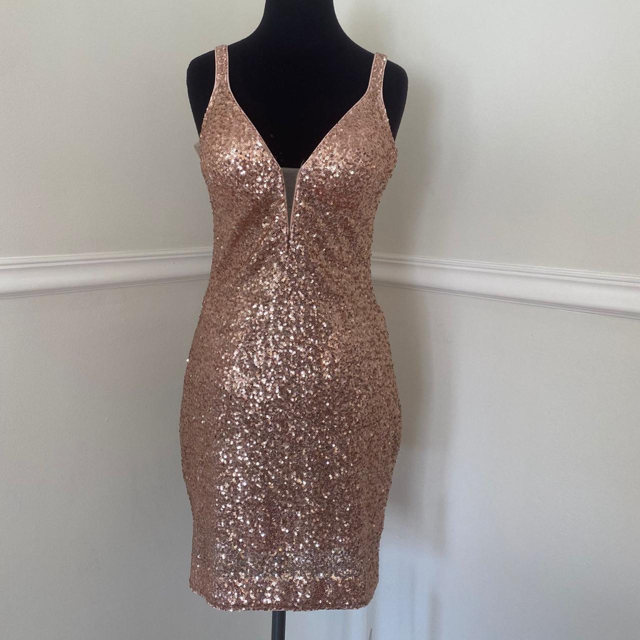 This fitted Jovani rose gold cocktail dress is fully... Depop