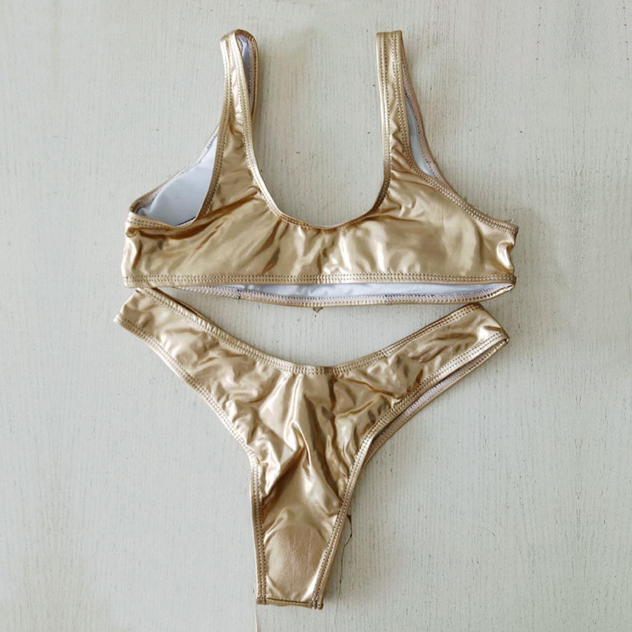 Gold Metallic Bikini Set consists of Brazilian Push... - Depop