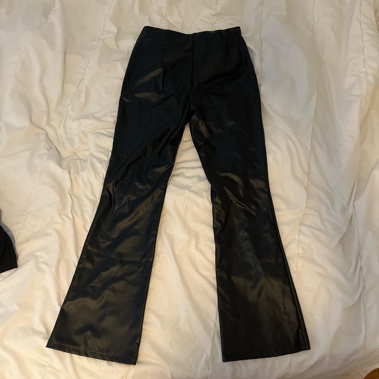 black leather flare leg pants - Depop