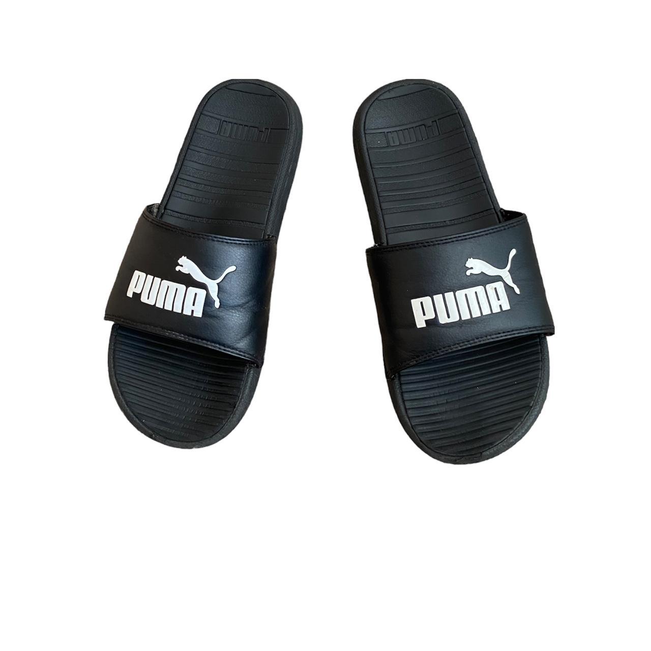 PUMA SLIDES mens size 10 Black slides with white... - Depop