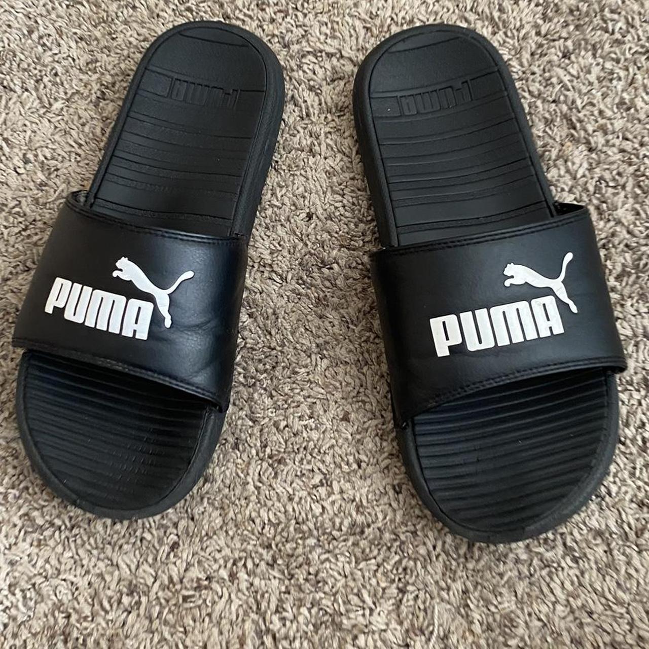 PUMA SLIDES mens size 10 Black slides with white... - Depop