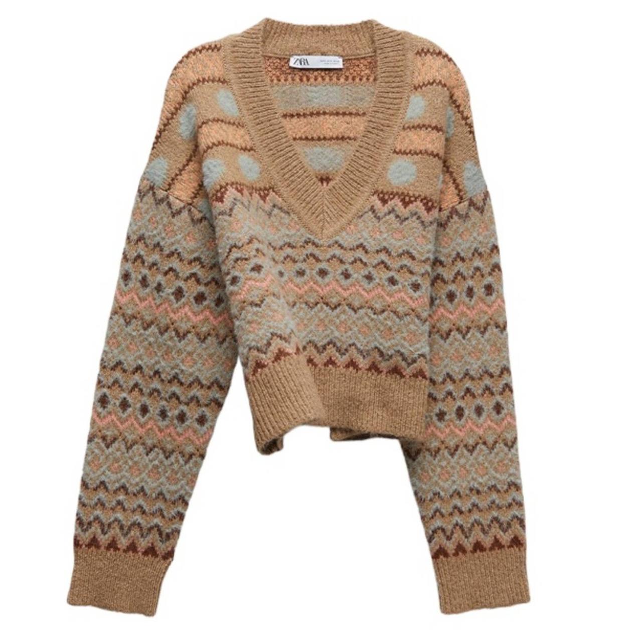 Zara Jacquard Knit V-neck Sweater,Ribbed hems,Fuzzy... - Depop