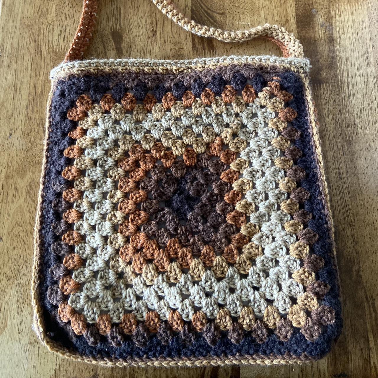 Latte Striped Granny Square Crochet Bag Brown... - Depop