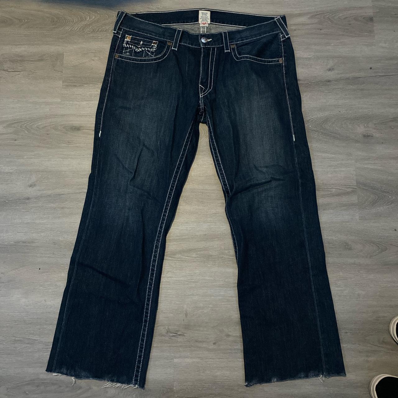 Dark Blue True Religion Jeans With White Stitching -... - Depop
