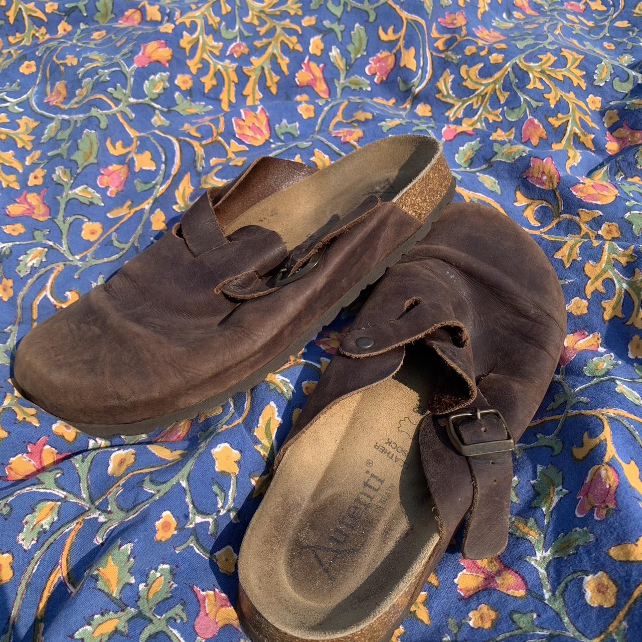 brushstrokes and blossoms leather clogs