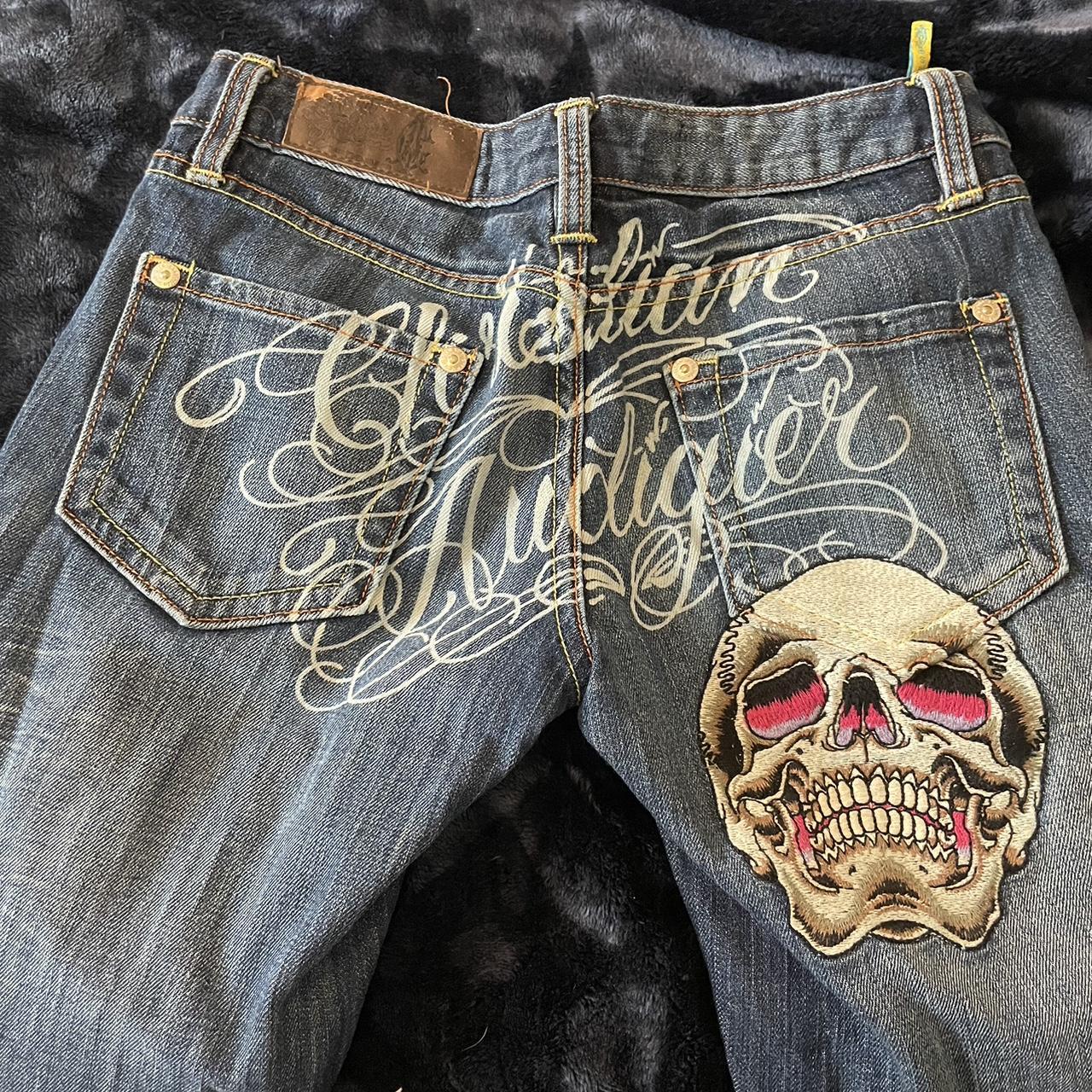 Christian audigier skull jeans, barely ever worn in... - Depop