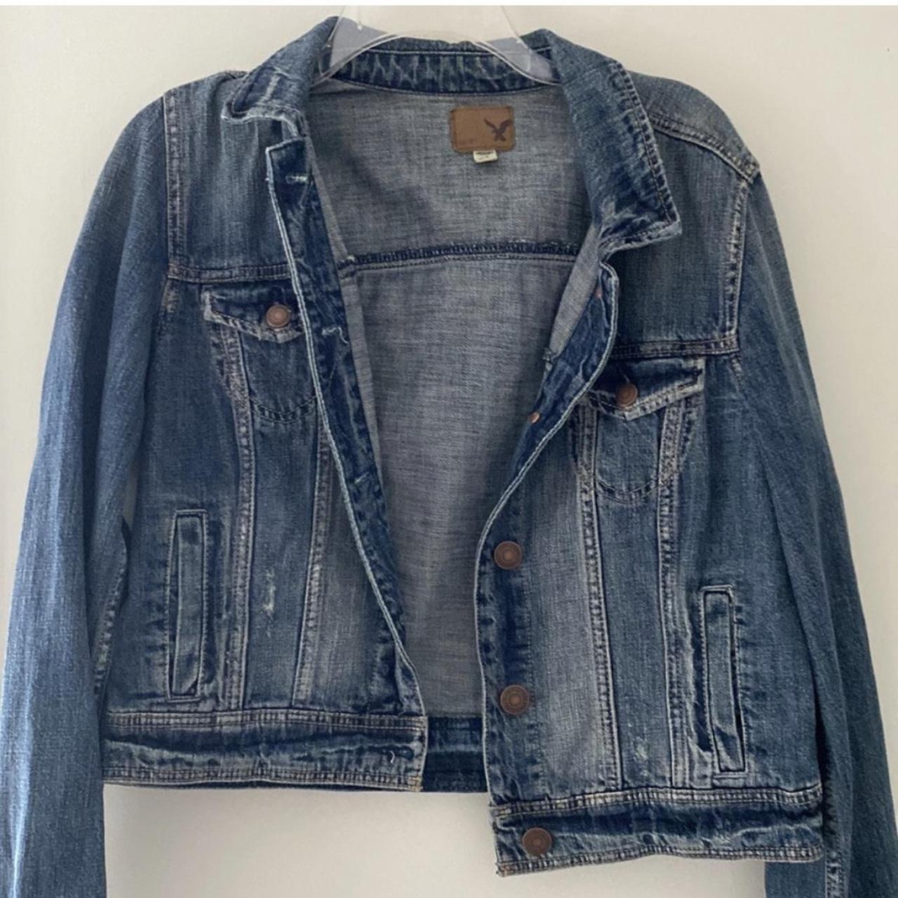 american eagle blue jean jacket size large gently... - Depop