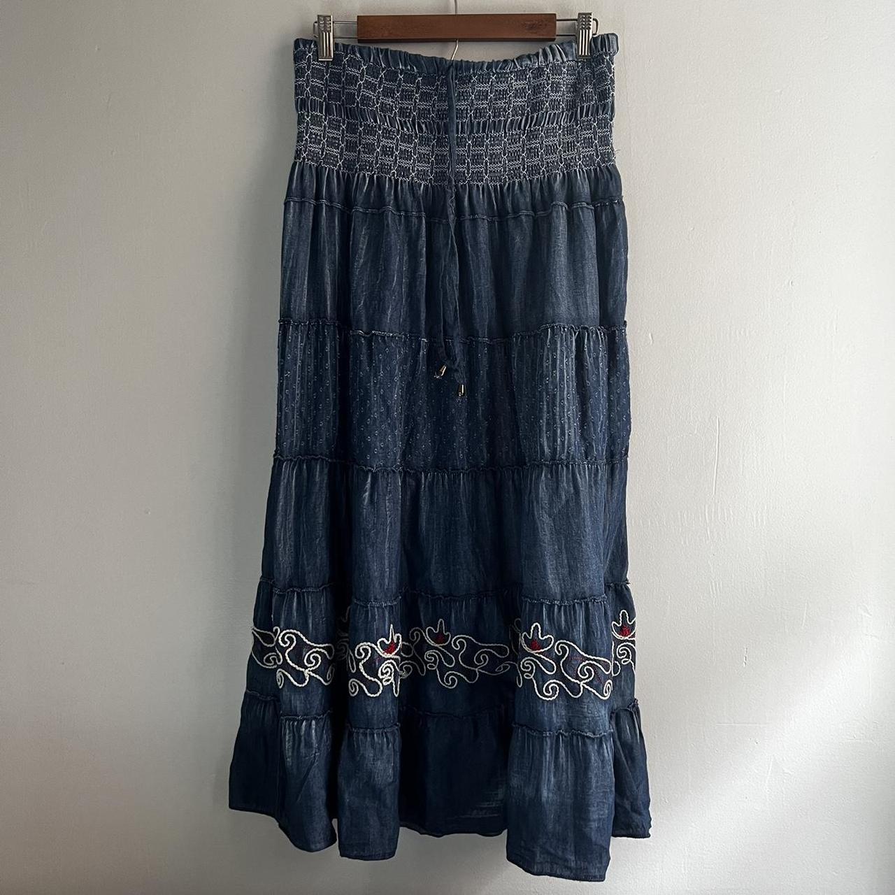 2000s bohemian denim maxi skirt by Lapis size large... - Depop