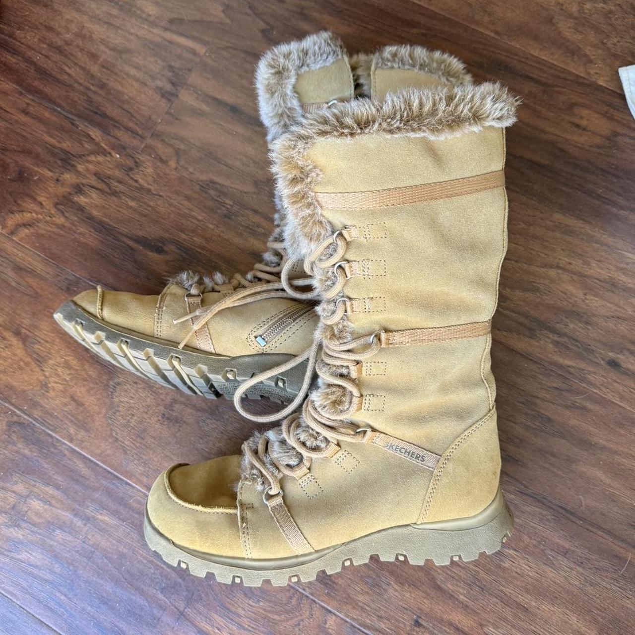 sketchers fur leather boots vintage tan lace up Depop