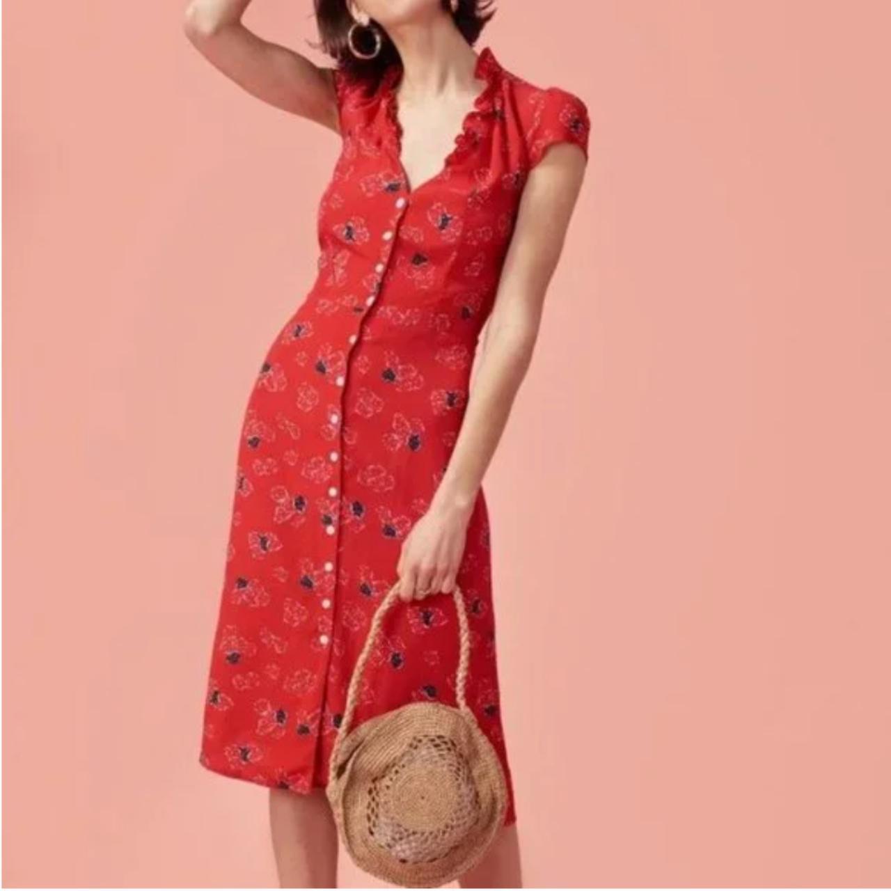 Rouje Paris “Lena Dress” - midi length, red, floral... - Depop