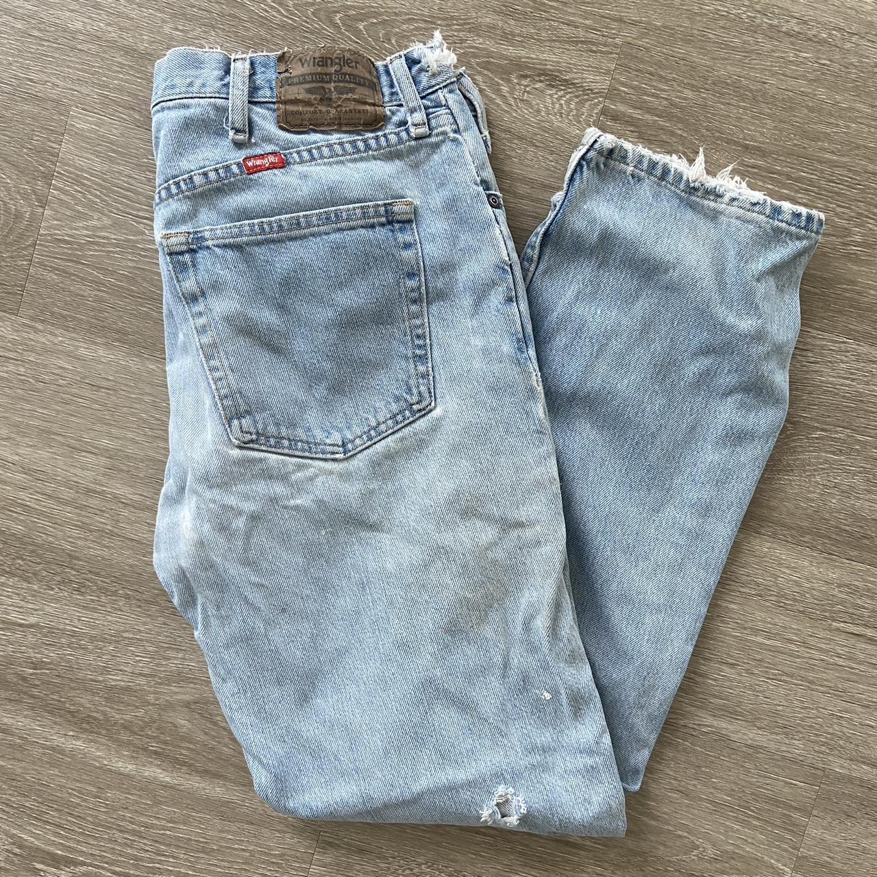 Vintage and worn Wrangler jeans in decent condition,... - Depop