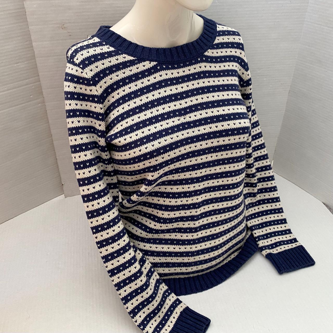 Womens Striped Knitted Jumper Navy Blue and White... - Depop