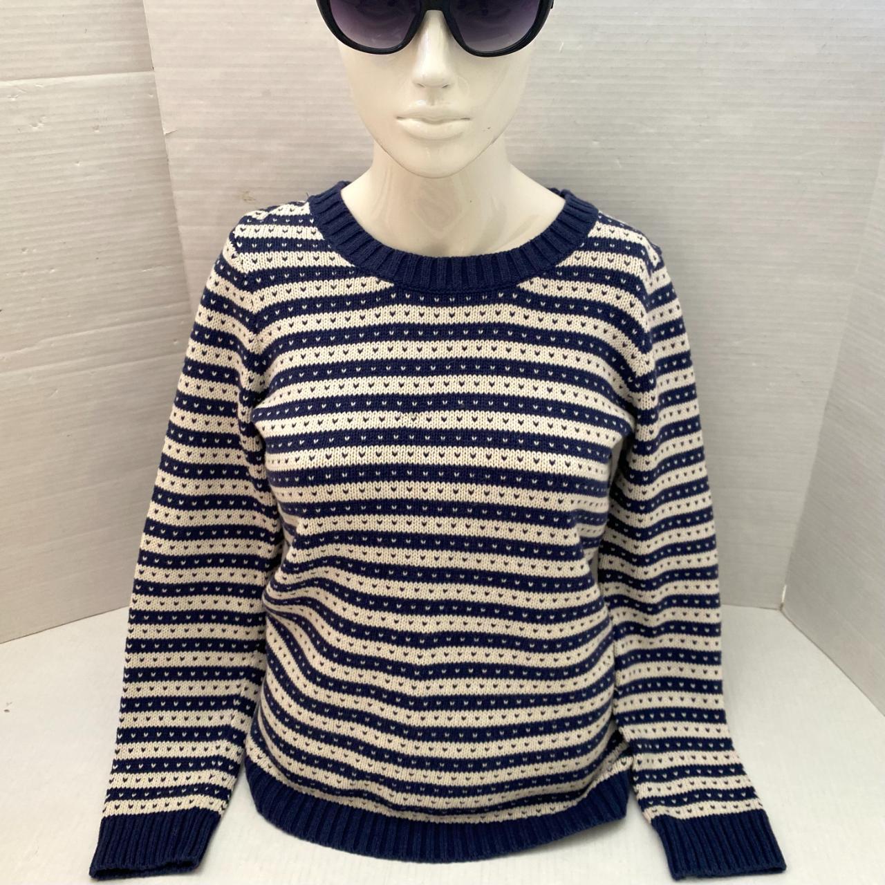 Womens Striped Knitted Jumper Navy Blue and White... - Depop