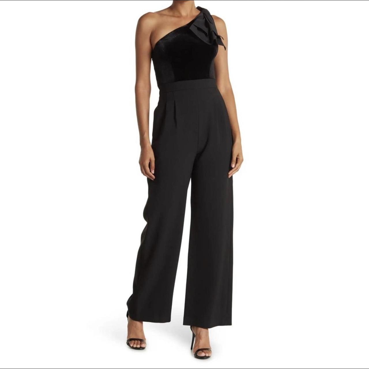 NWT! Eliza J One-Shoulder Bow Velvet Bodice Jumpsuit... - Depop