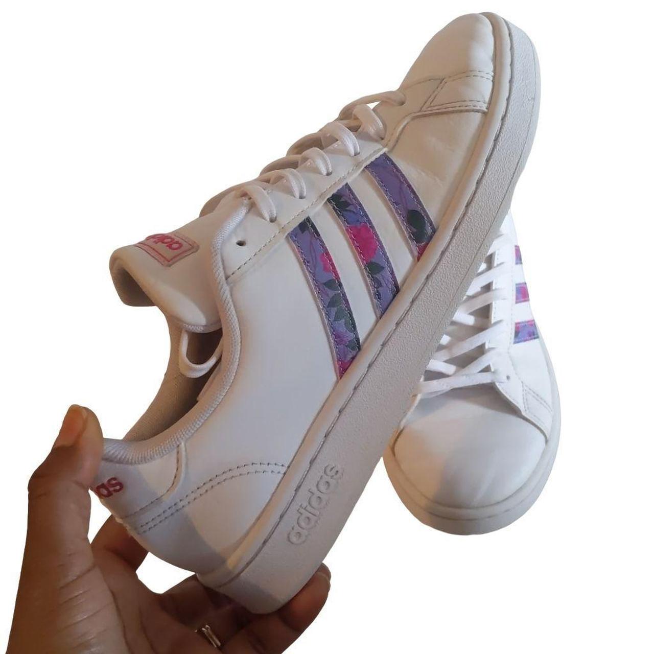 Adidas Grand Court White with Purple Pink Floral Depop Adidas Grand Court White with Purple Pink Floral Depop