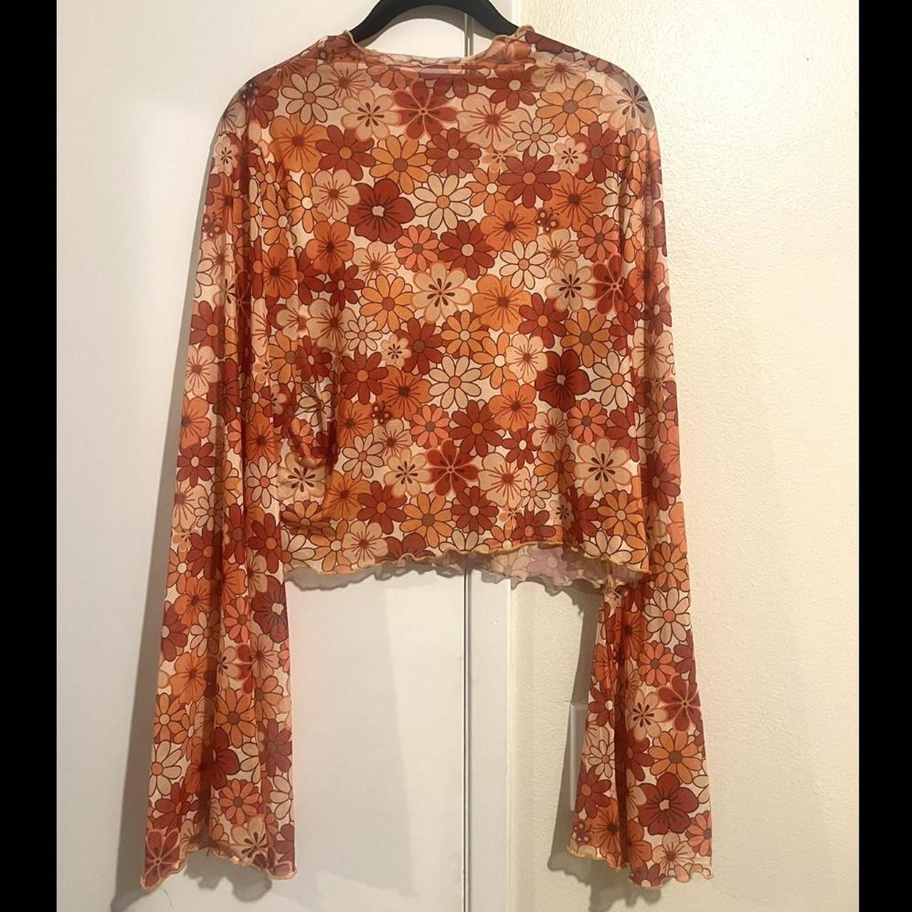 70s vintage plus size orange floral crop-top with... - Depop