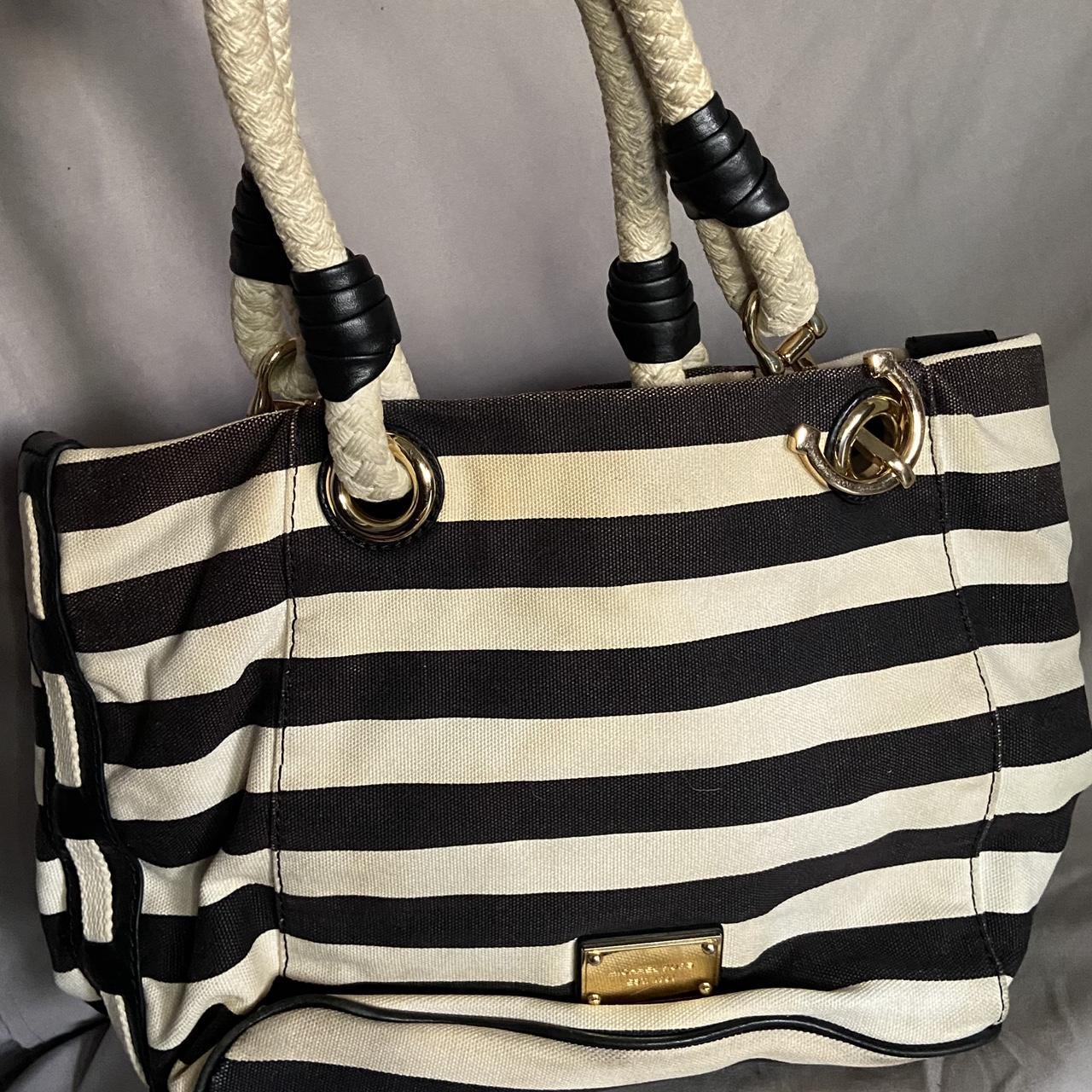 Michael kors black hot sale and white striped tote