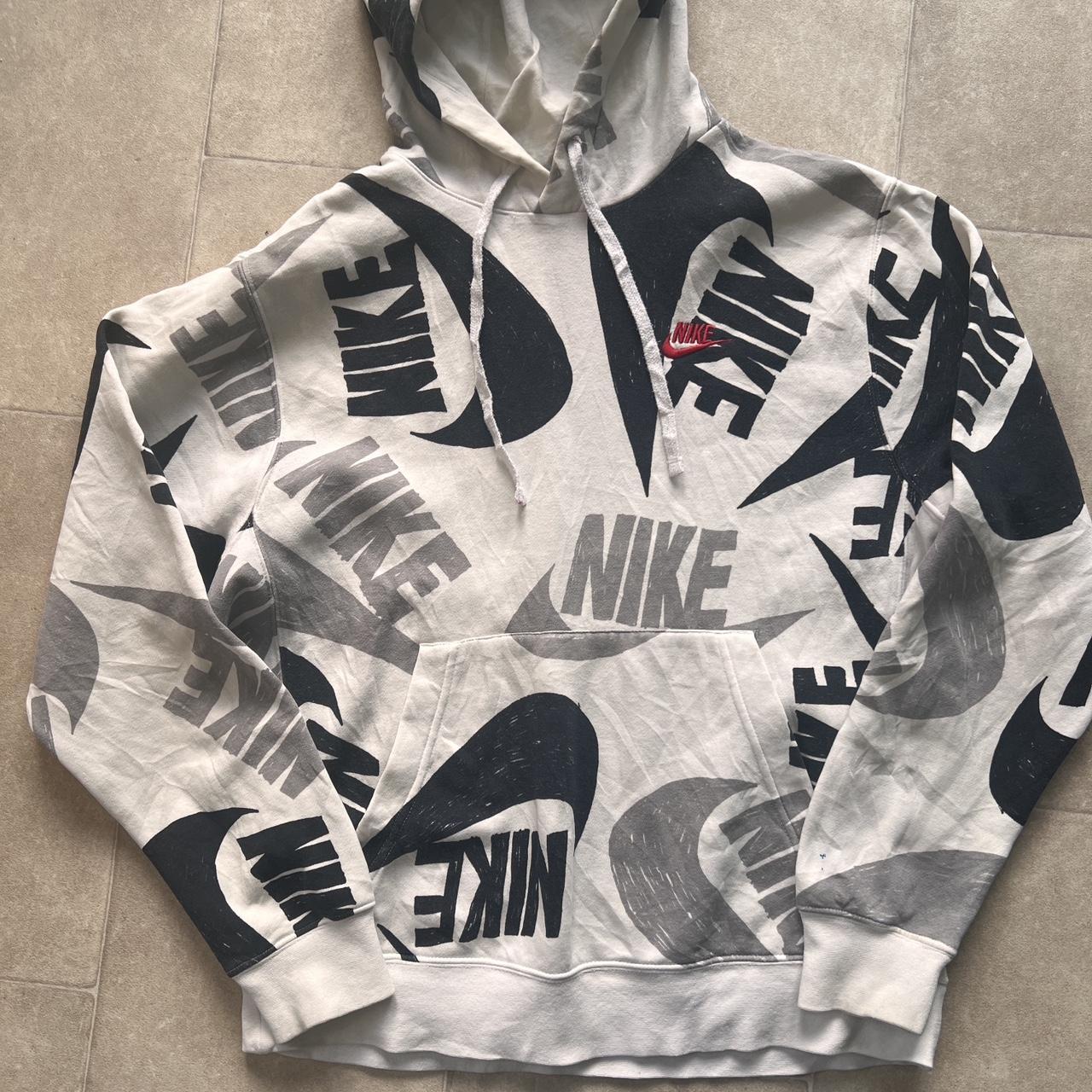 Nike AOP Graphic logo hoody small white black and. Depop