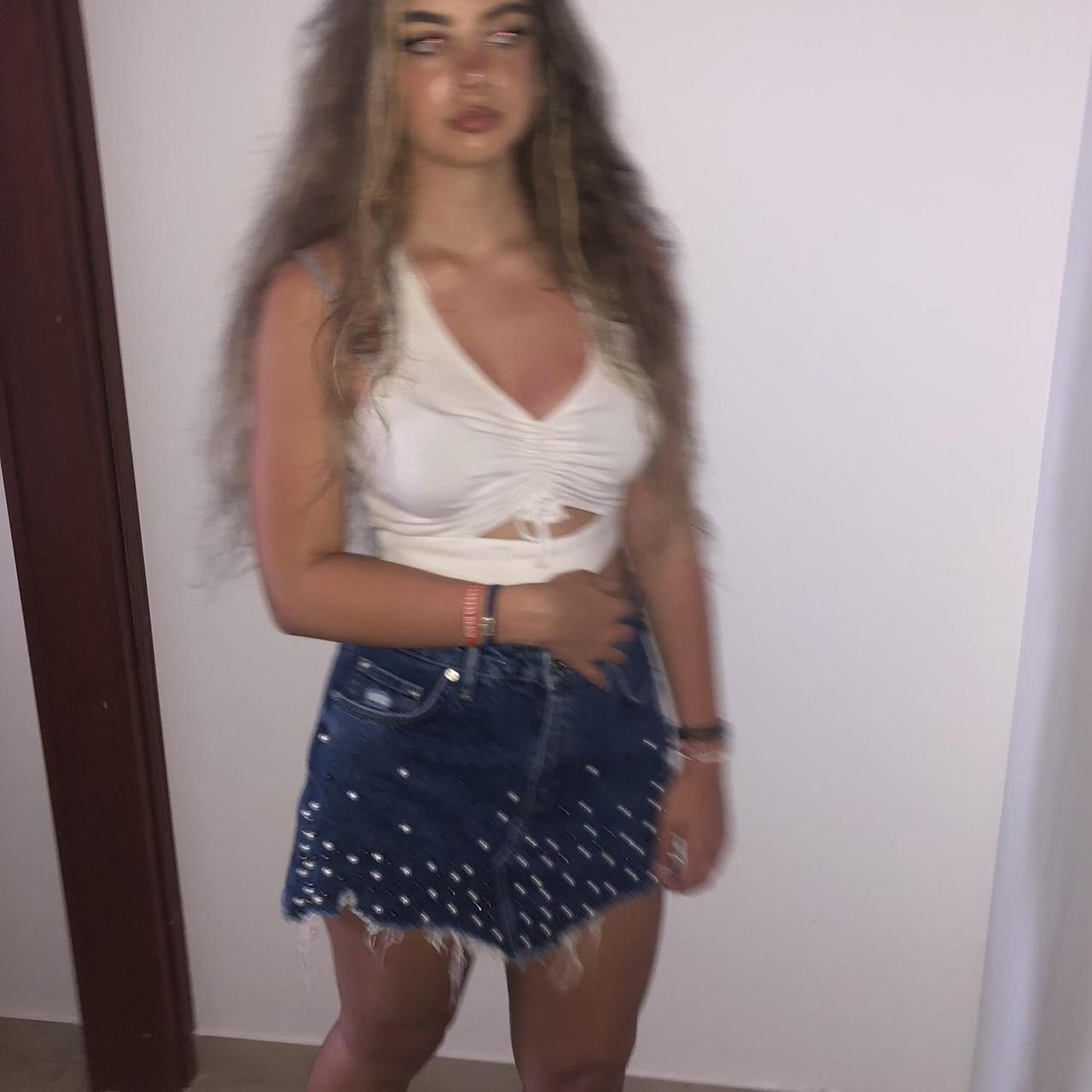 Pearl denim skirt unreal on worn once like New size... - Depop