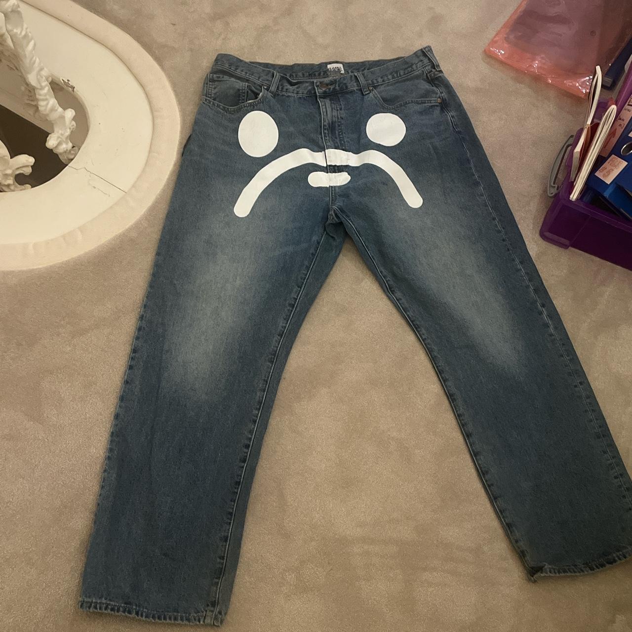 Bape sad face jeans Size L Waist 34 Length... - Depop