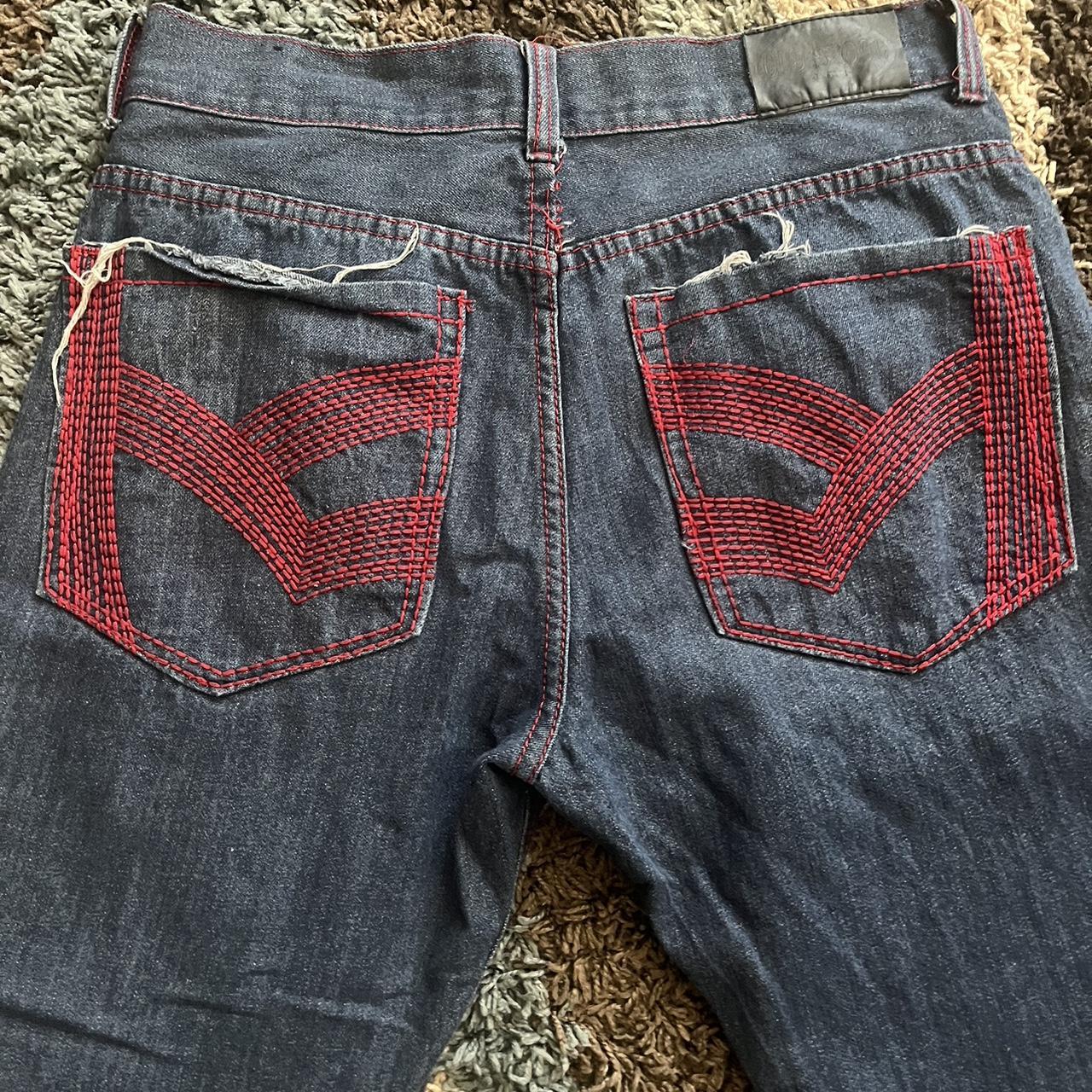 Old skool baggy skater y2k jeans with red stitching... - Depop