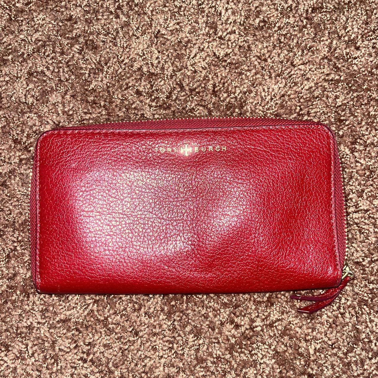 vintage red tory burch wallet used but in great... - Depop