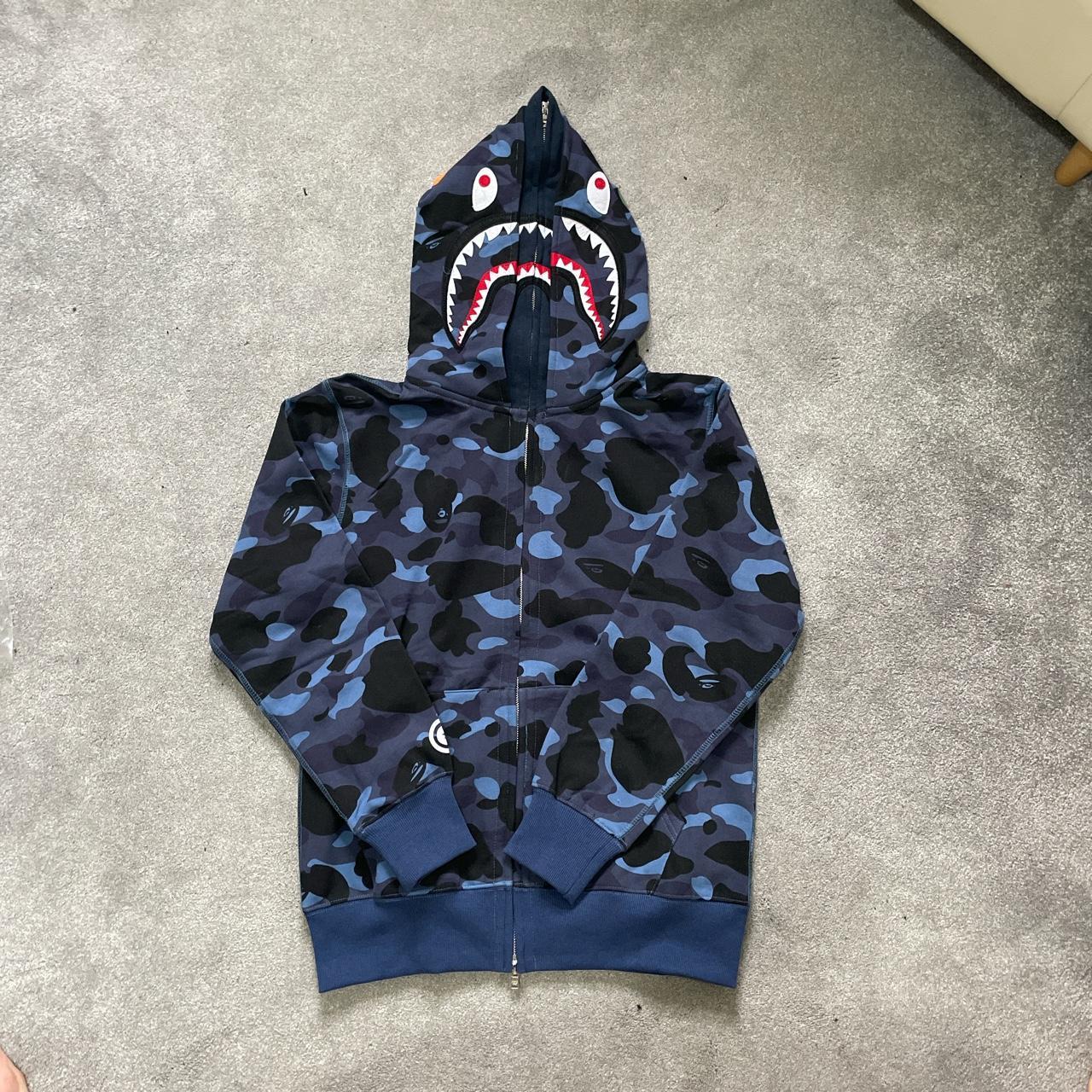 Blue Bape hoodie double hooded shark Size large but... - Depop