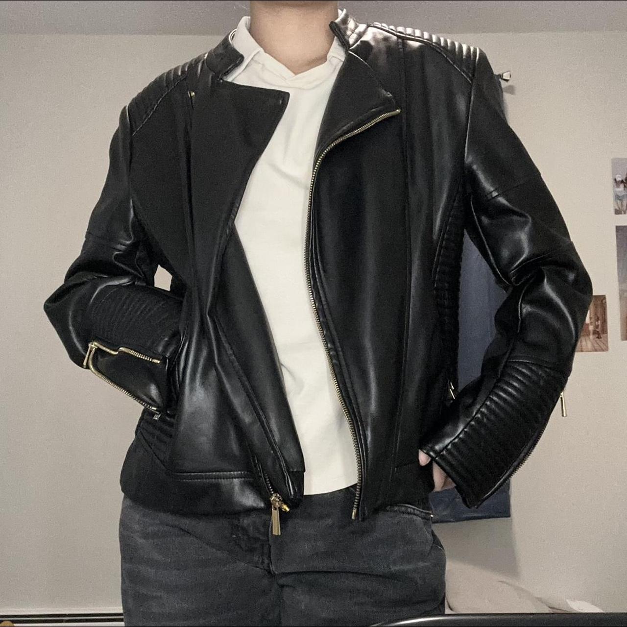 vintage calvin klein cropped leather jacket w/ gold... - Depop