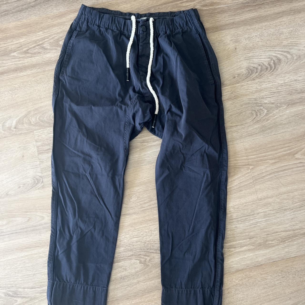 Bassike unisex drop crutch navy blue pant with white... - Depop