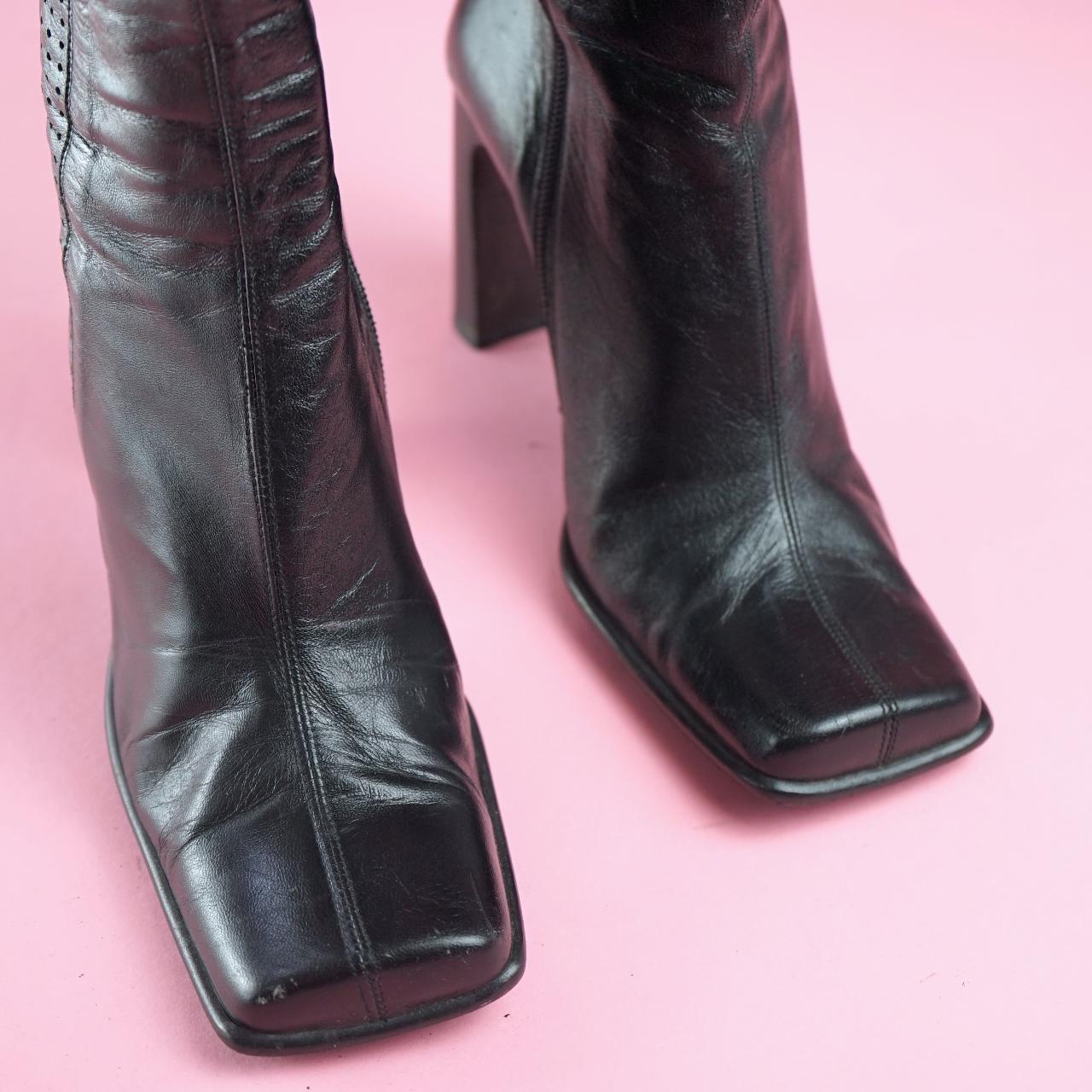 Square Toe Black Vintage Boots High Heel Womens... - Depop