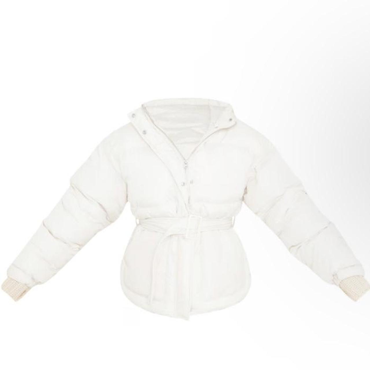 PLT cream hooded puffer coat with belt waist,