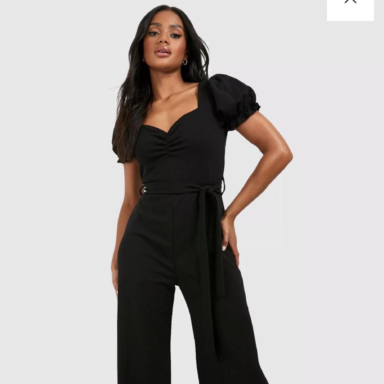 Size 14 Women's Black Jumpsuit Puff Sleeve Tie Waist... - Depop