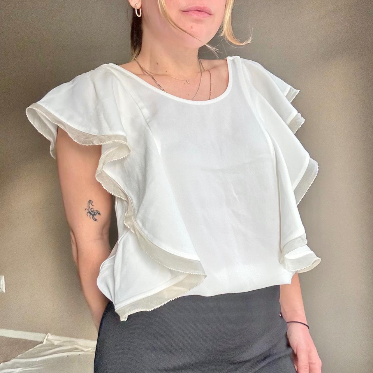 White Blouse with Ruffle Sleeves Club Monaco soft. Depop