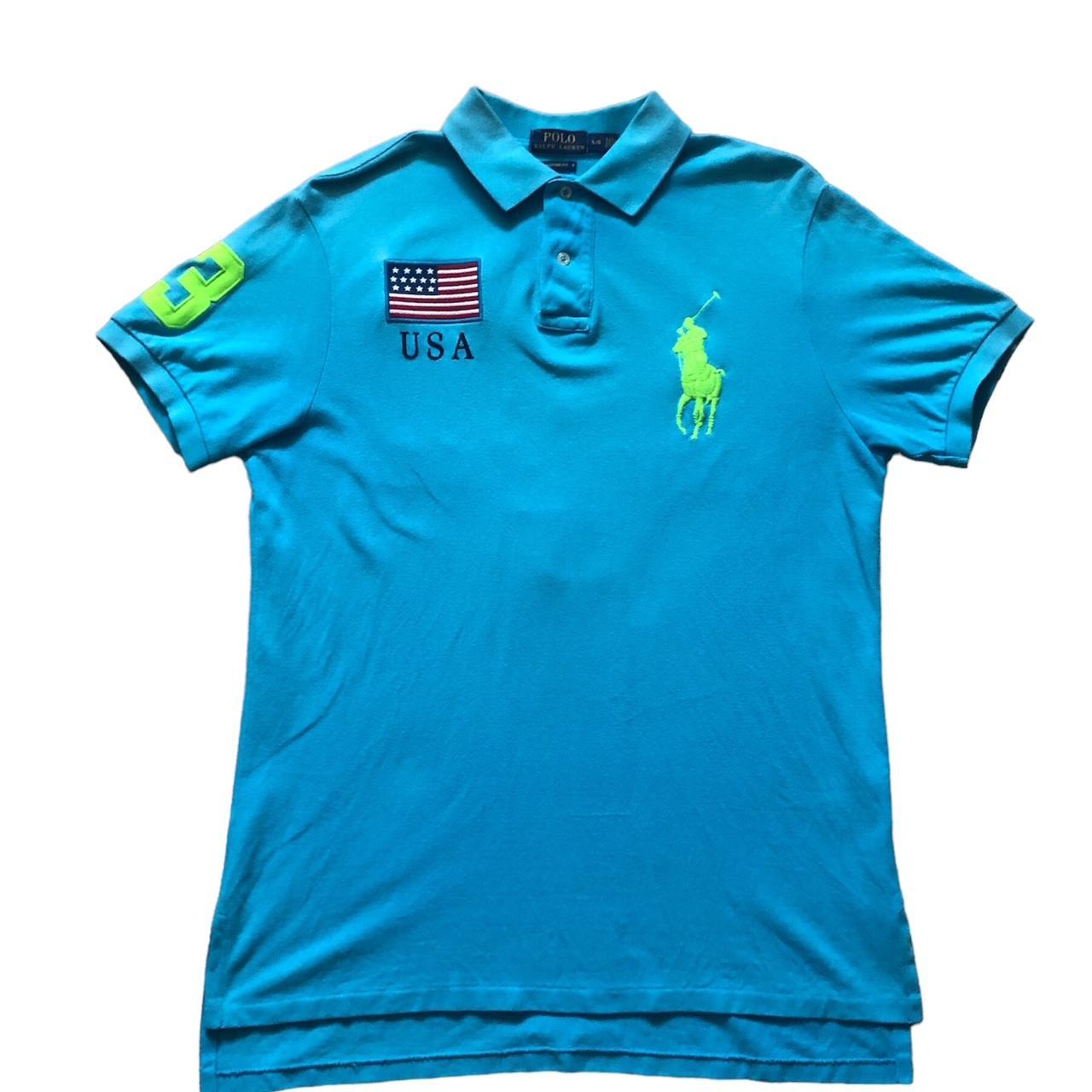 Teal with neon accents USA Ralph Lauren polo. Depop