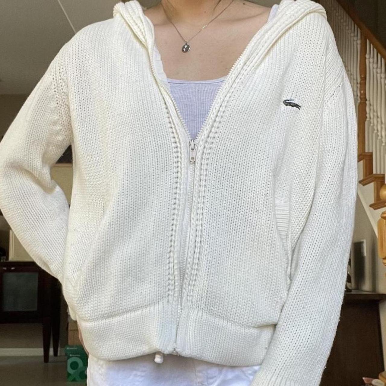 white/cream lacoste zip up sweater/knit material,... Depop
