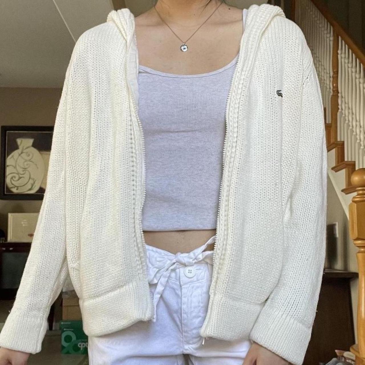 white/cream lacoste zip up sweater/knit material,... Depop