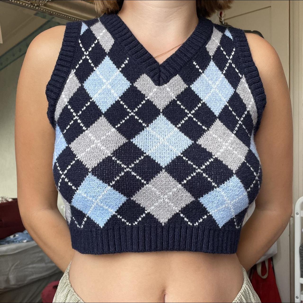 V neck plaid sweater vest barely worn, tight fit... - Depop