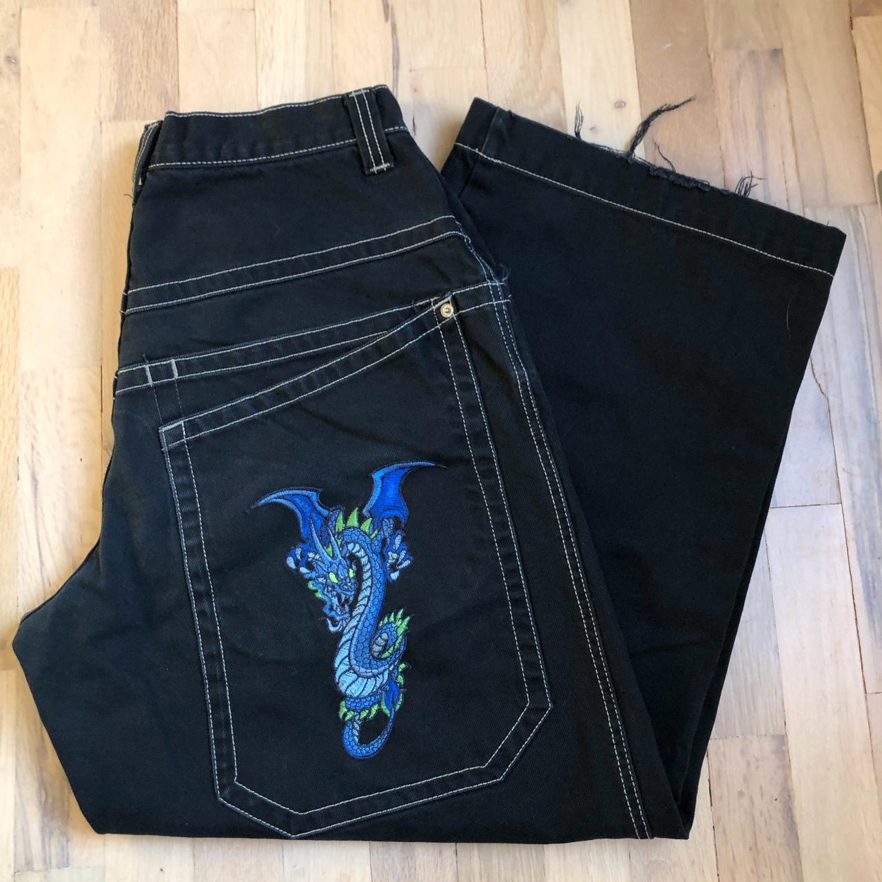 Rare Jnco Tribal dragon embroidered baggy black... - Depop