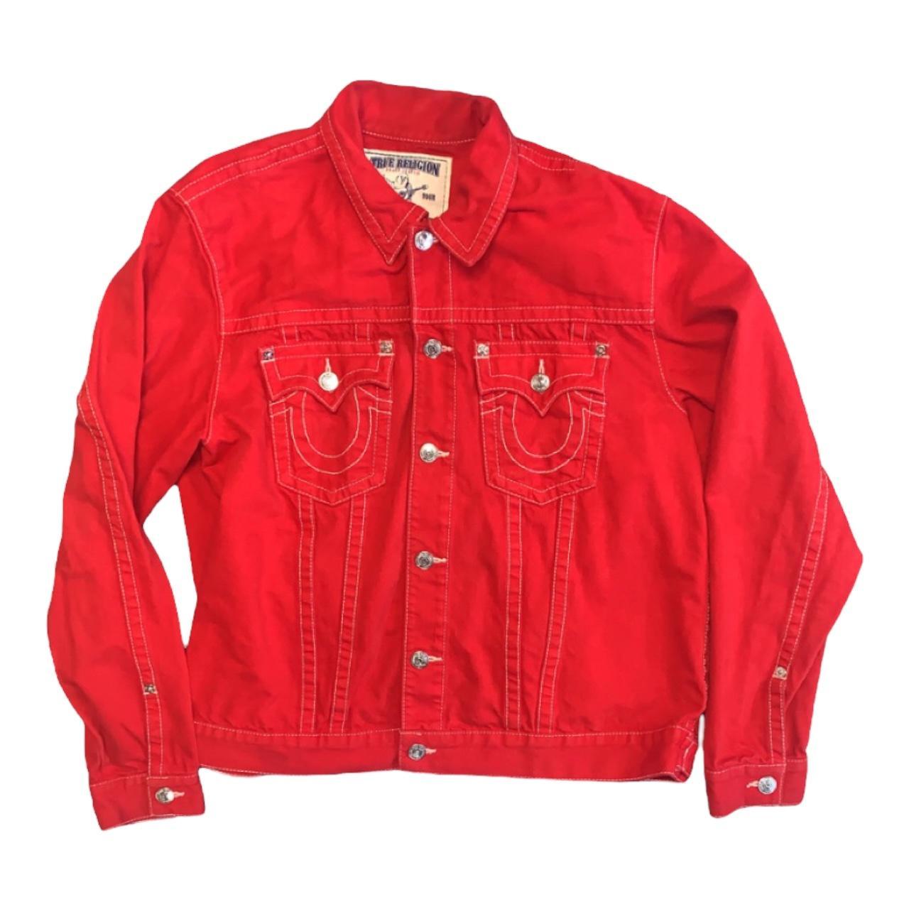 CRAZY RARE TRUE RELIGION RED TRUCKER JACKET SEEN ON... - Depop