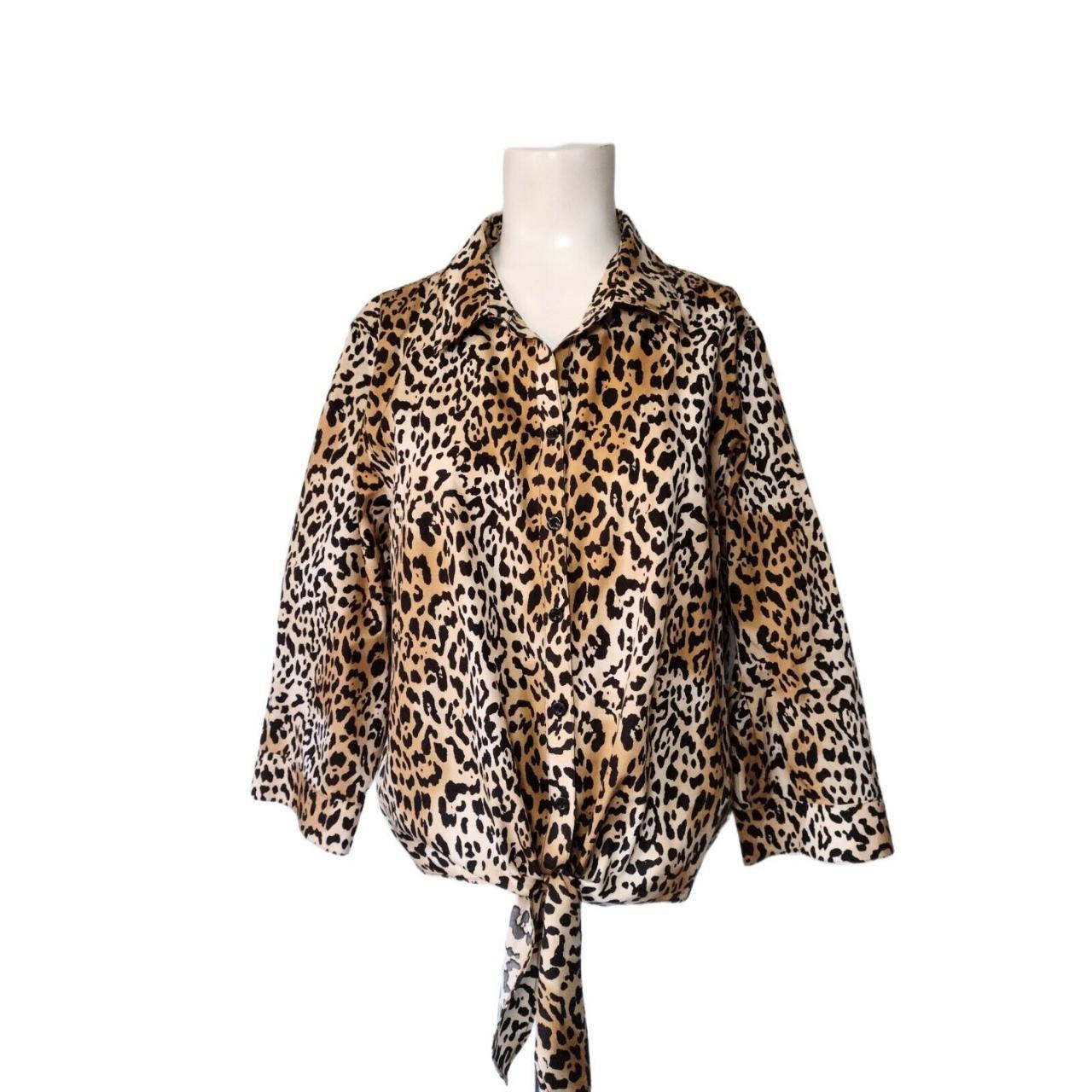 Chicos Cheetah Animal Print No Iron Tie Bottom Shirt... - Depop