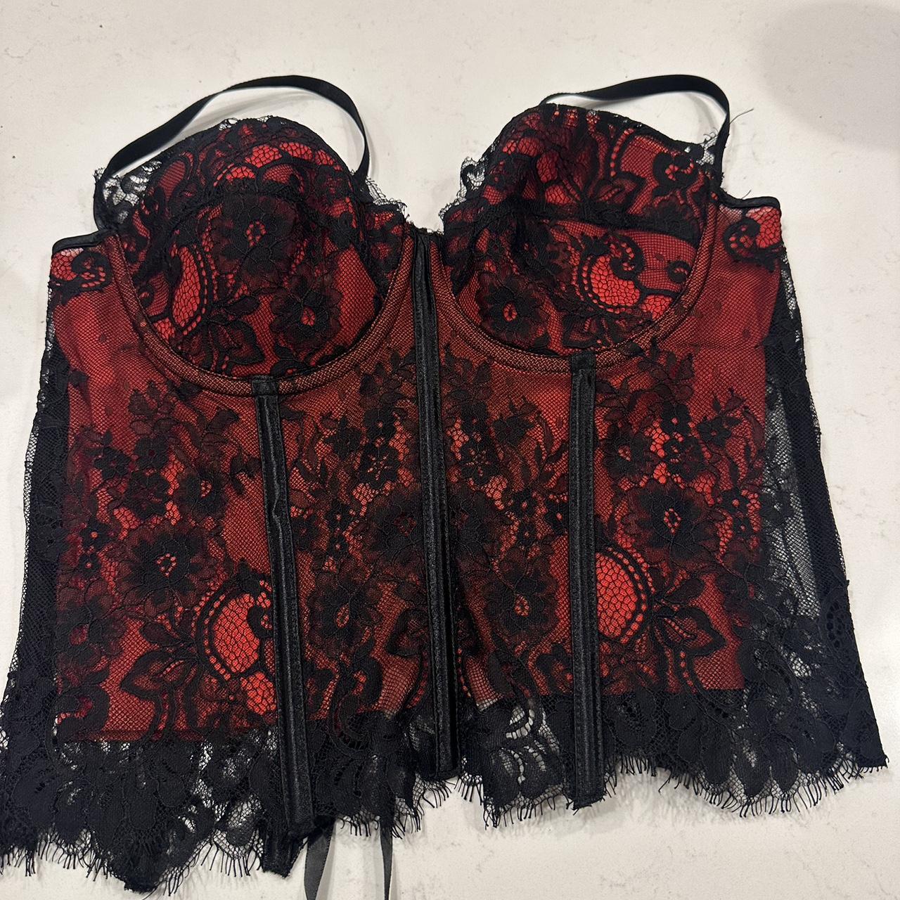 Red and black lace corset lace up top L/XL - Depop