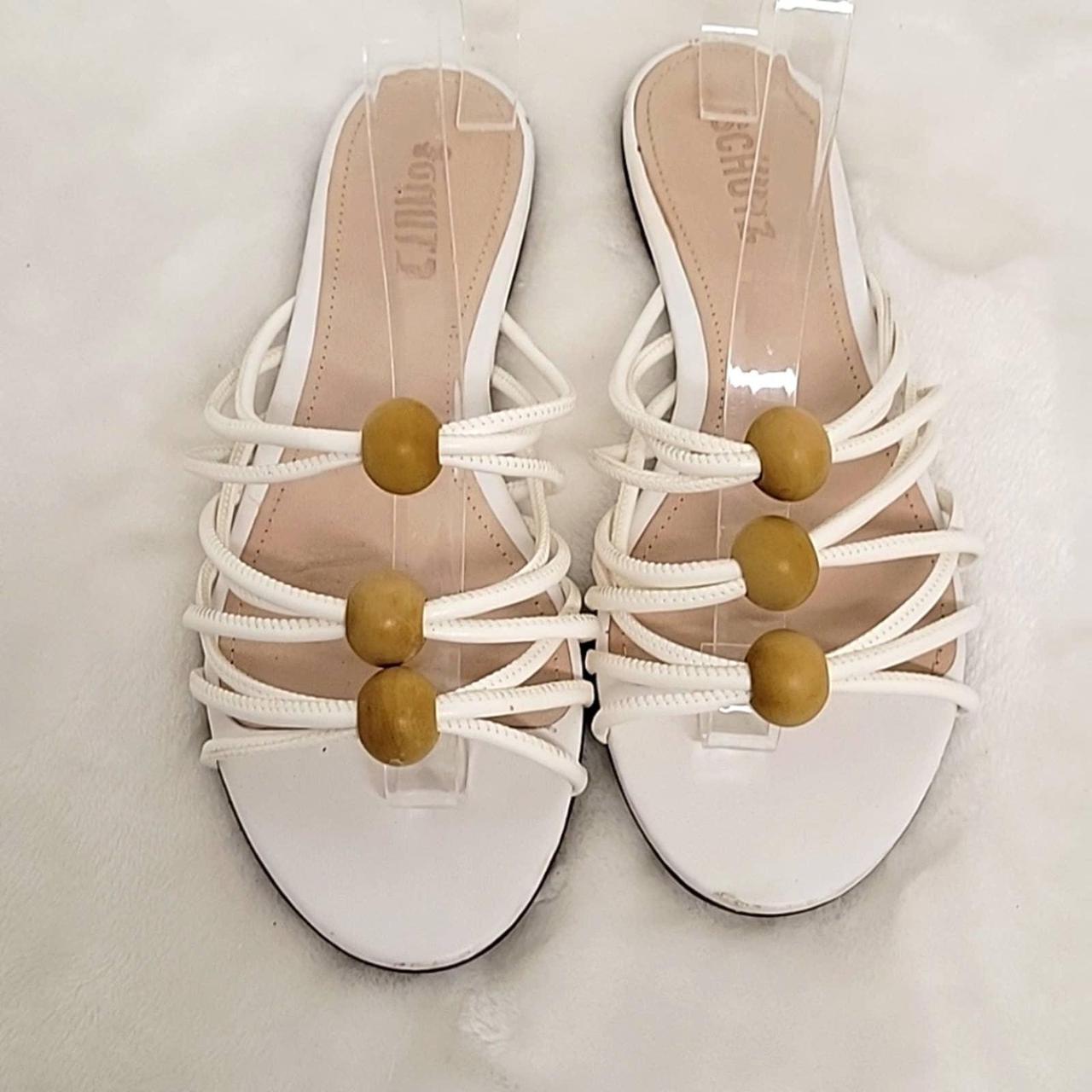 Schutz Bronco Strappy White Flat Sandals with Brown Wood Beads