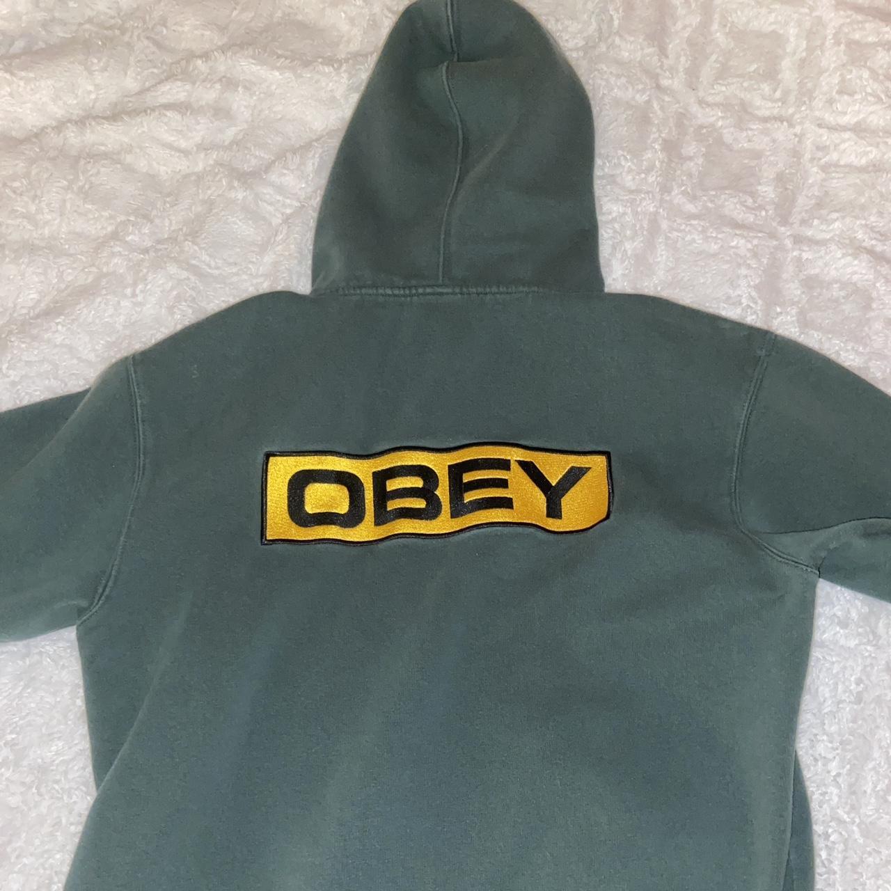 Obey Men's Green and Yellow Hoodie Depop