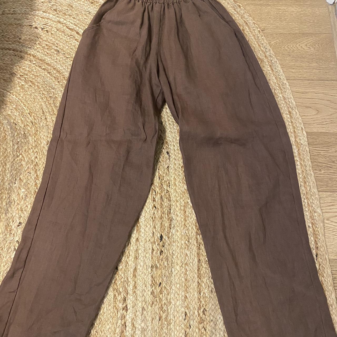100 linen chocolate brown pants Elasticated waist,... Depop
