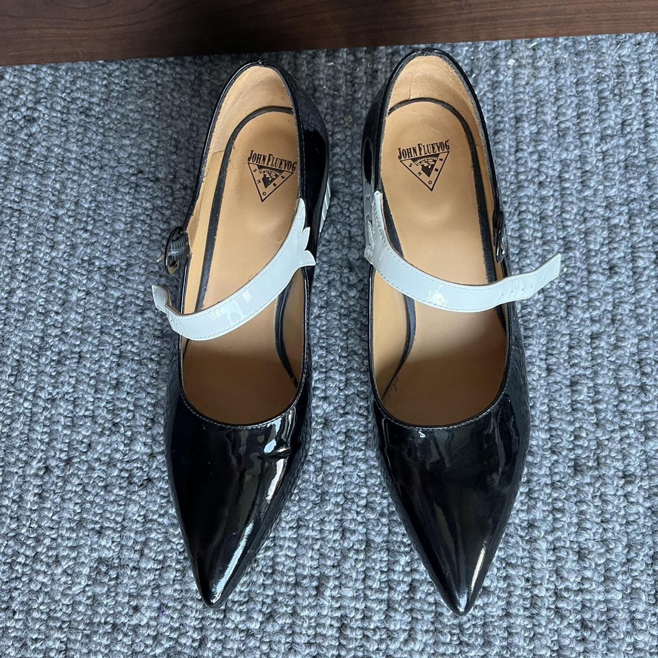 john fluevog shiny black and white low heels pointed... - Depop