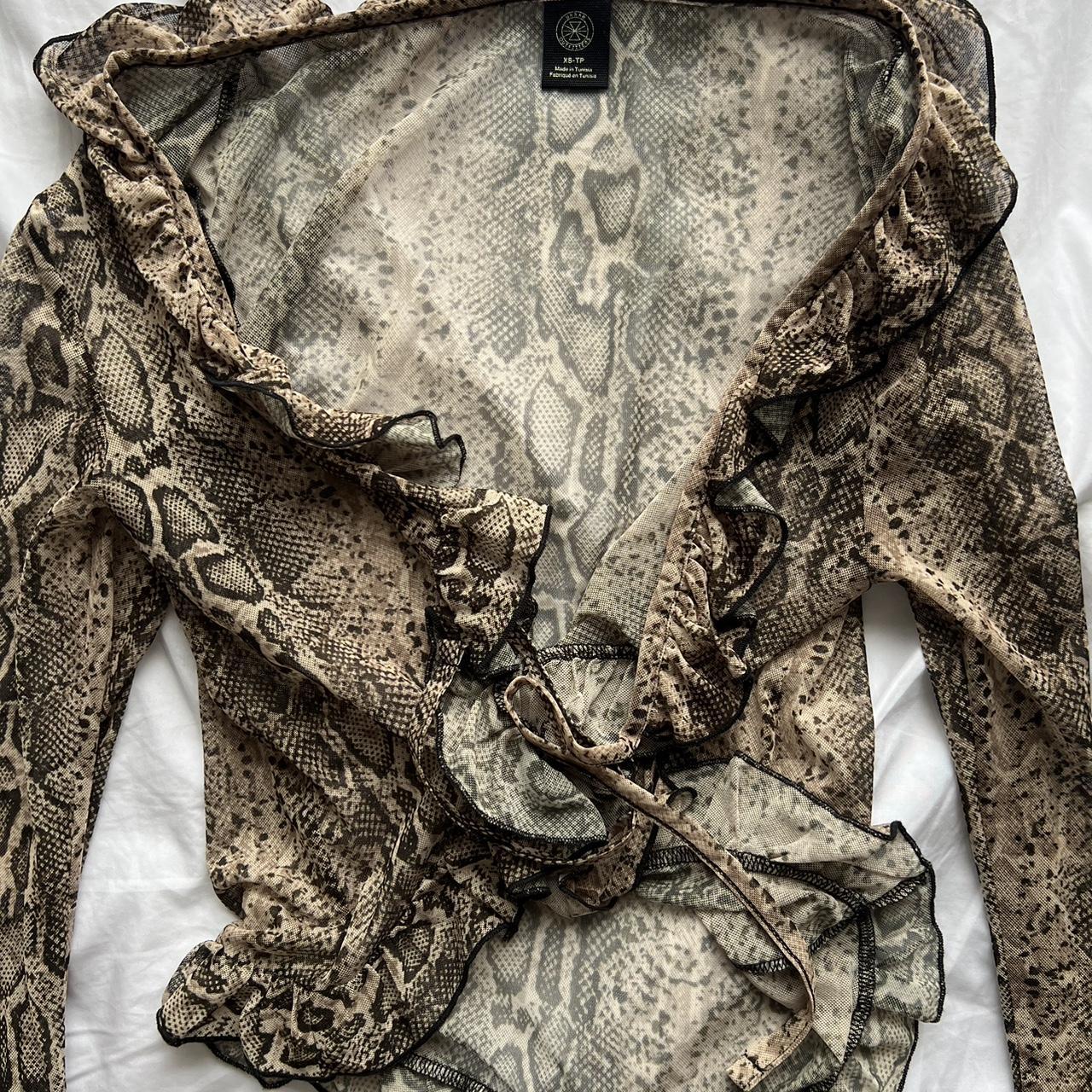 snake print ruffle tie long sleeve top from urban... - Depop