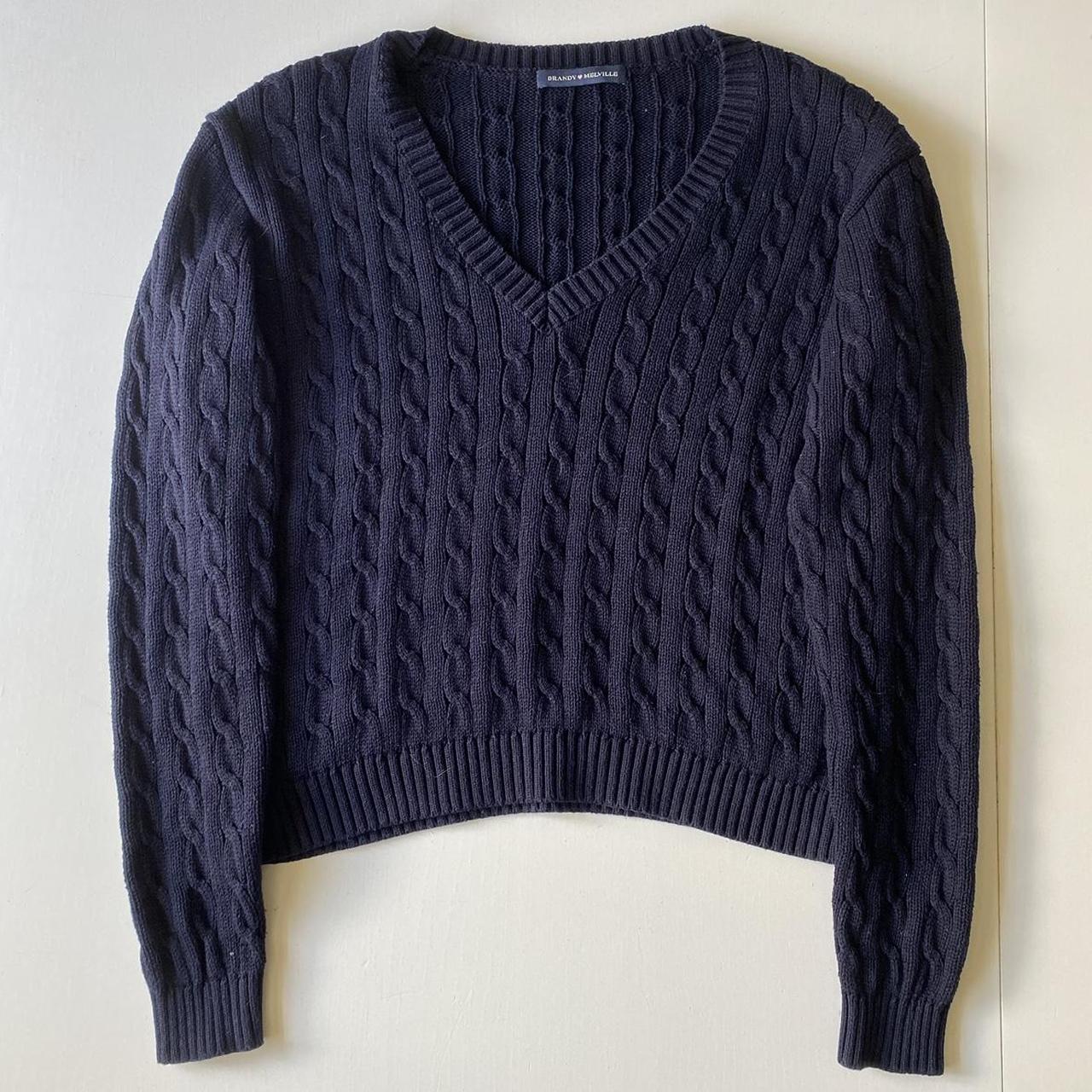 Brandy Melville navy cable knit v-neck jumper Worn a... - Depop